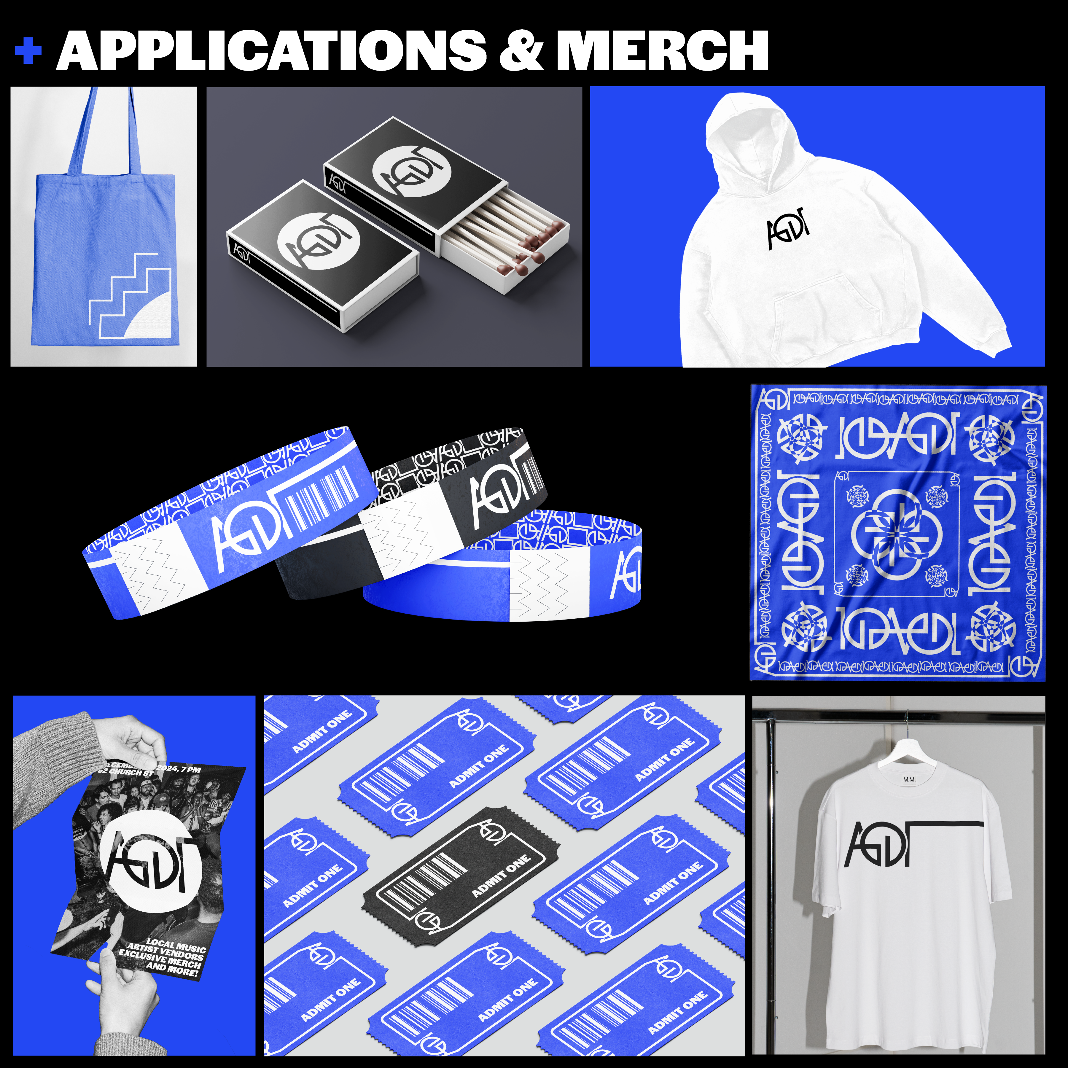 merchandise with AGDI branding including tickets, hoodies, matches, shirts, and bracelets