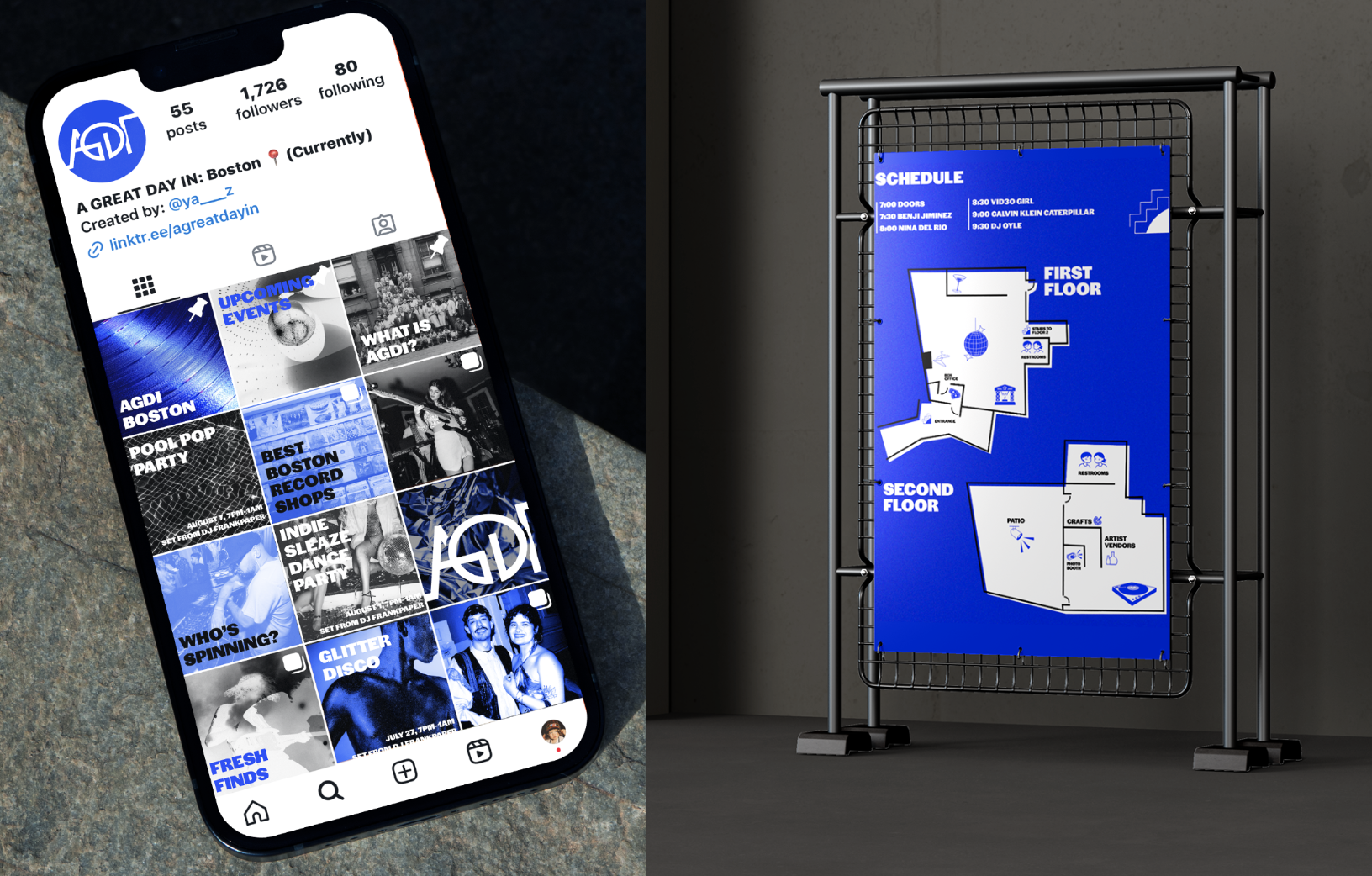AGDI instagram mobile screen and a map of a venue floor plan in AGDI Boston Branding