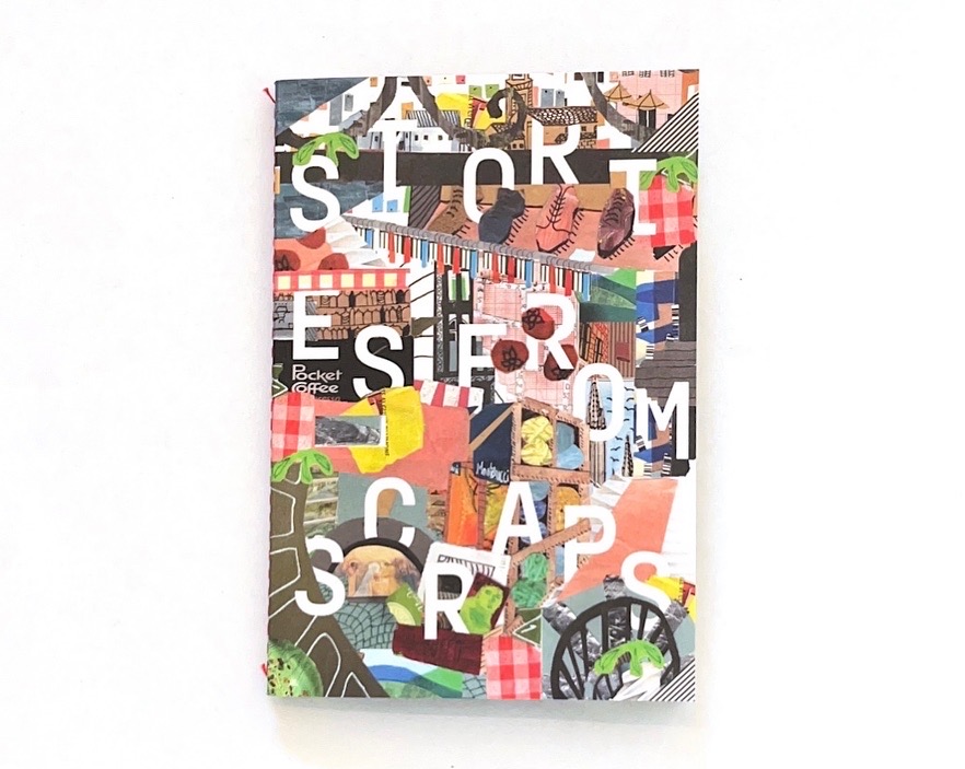 Abstract collage with letters spelling 'stories from scraps'