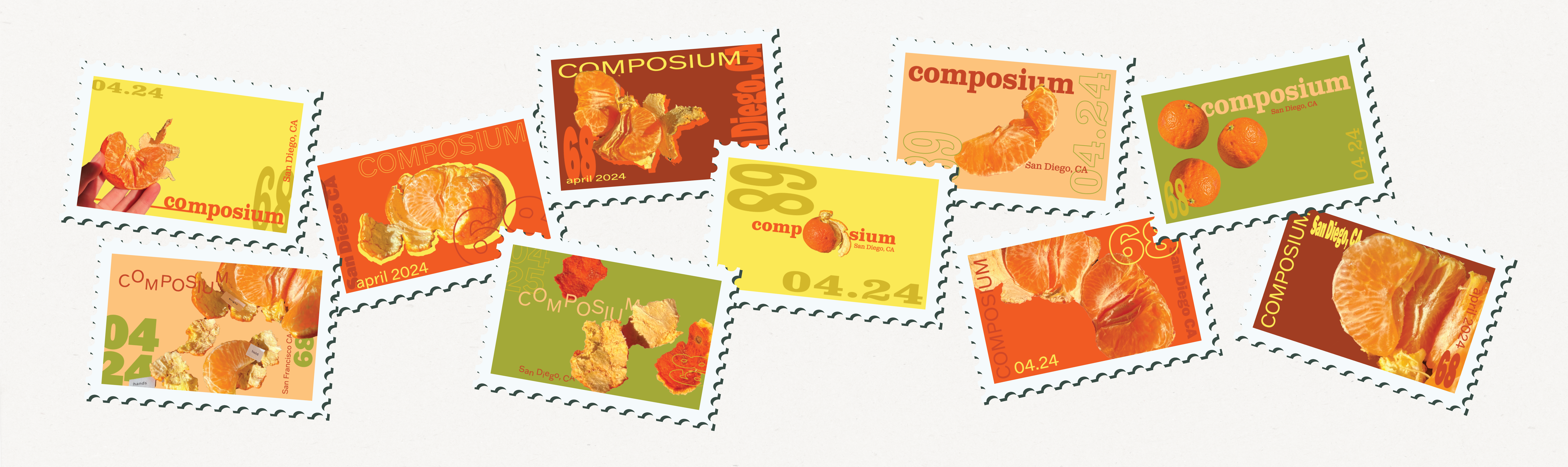 ten stamps with oranges on them